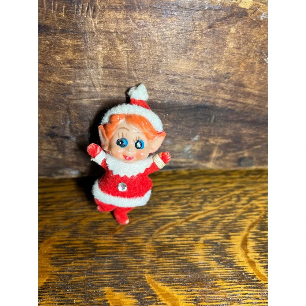 Vintage Christmas Flocked Elf Figurine Red Santa Suit Hong Kong Retro Decor 2.5